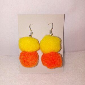 Earrings Pom Pom Orange & Yellow Double Colorful 80's Style Handcrafted New